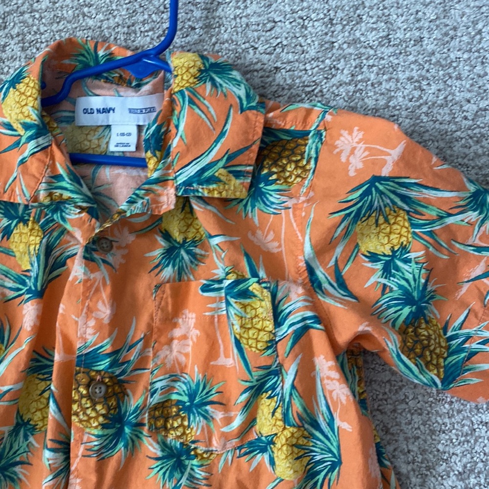 Boys Size Large Old Navy Hawaiian Shirt Orange Button Down Shirt Tropical Print - Picture 2 of 4